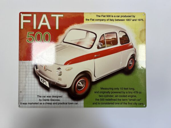 Wandbord witte Fiat 500 met teksten