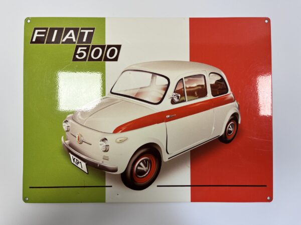 Wandbord witte Fiat 500 met vlag